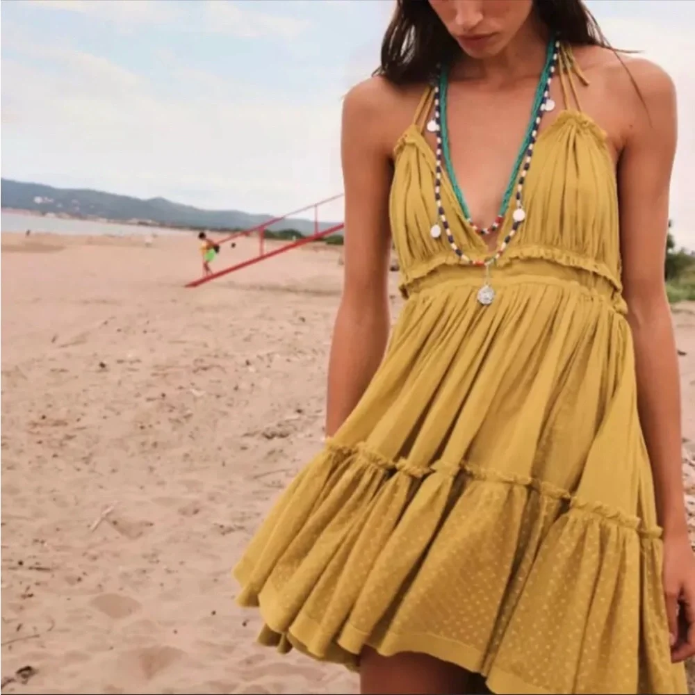 CLOSEOUT SALE New! Mustard Swiss Dot Ruffle Halter Dress - Picture 1 of 8